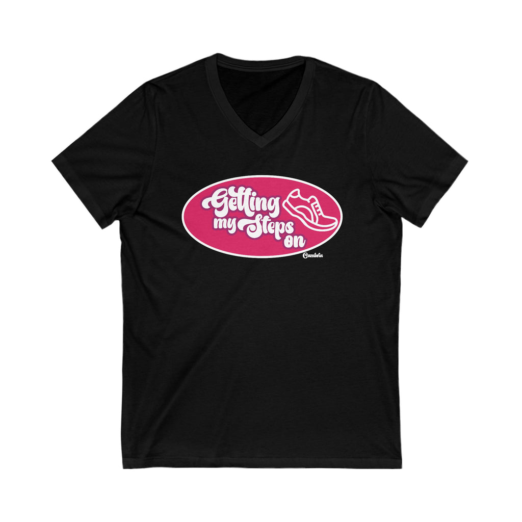 Jersey V-Neck Tee, getting my steps on cambria, Graphic T-Shirt, Workout Top, Fitness Shirt, Unisex Apparel, Casual Tee