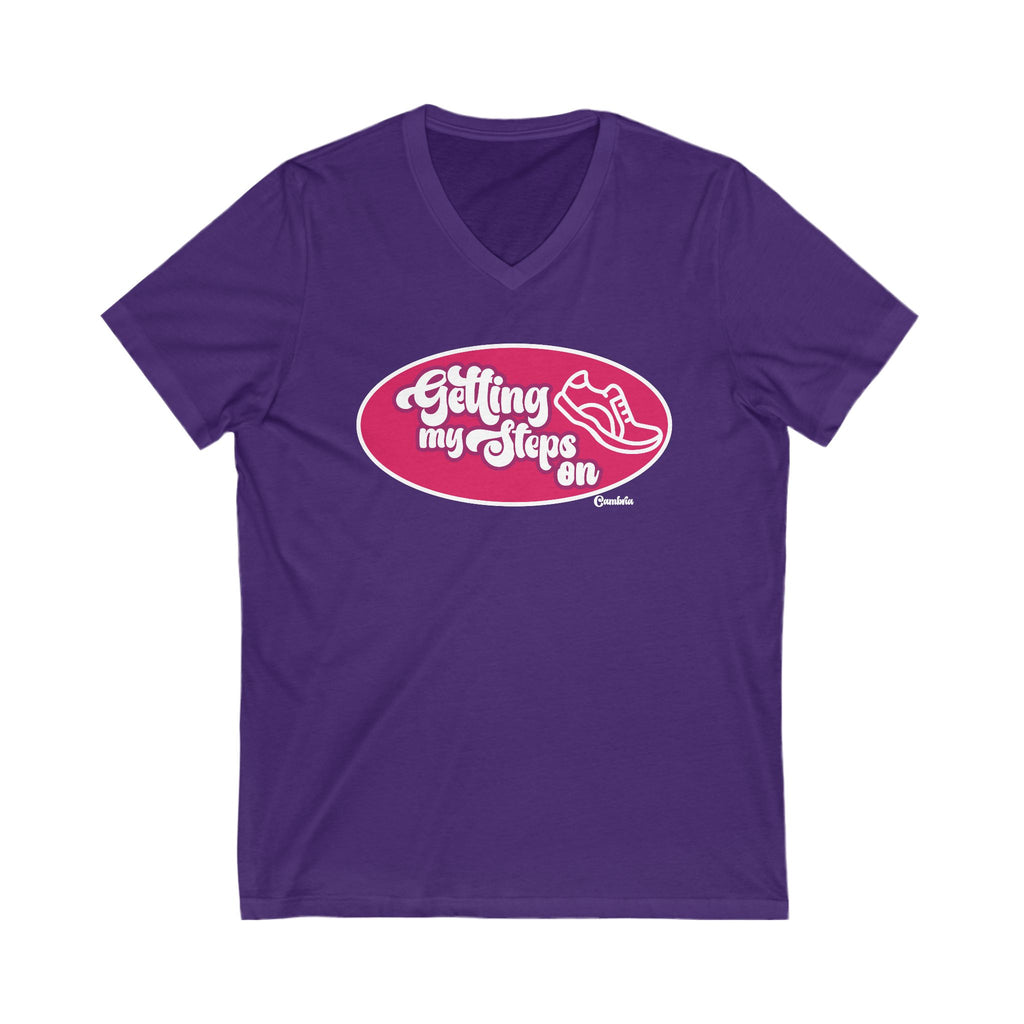 Jersey V-Neck Tee, getting my steps on cambria, Graphic T-Shirt, Workout Top, Fitness Shirt, Unisex Apparel, Casual Tee