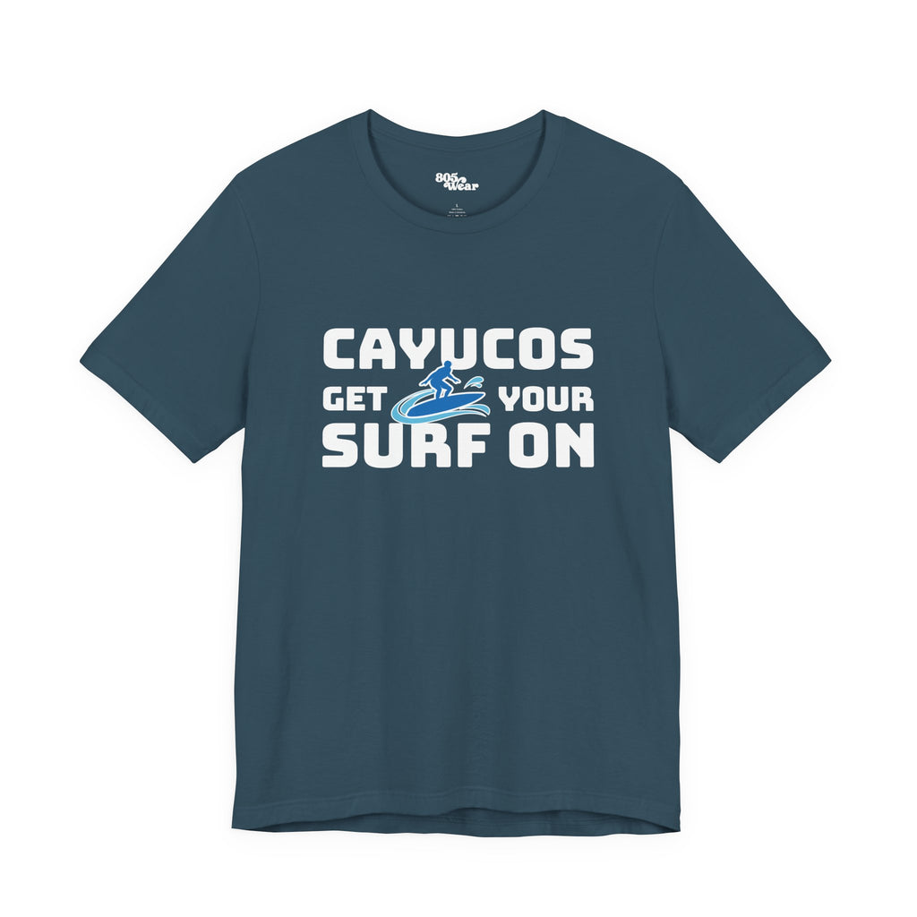 Surfing Cayucos Unisex Tee, Beach Graphic T-Shirt, California Waves Shirt, Coastal Summer Top, Ocean Lover Gift, Surfboard Apparel