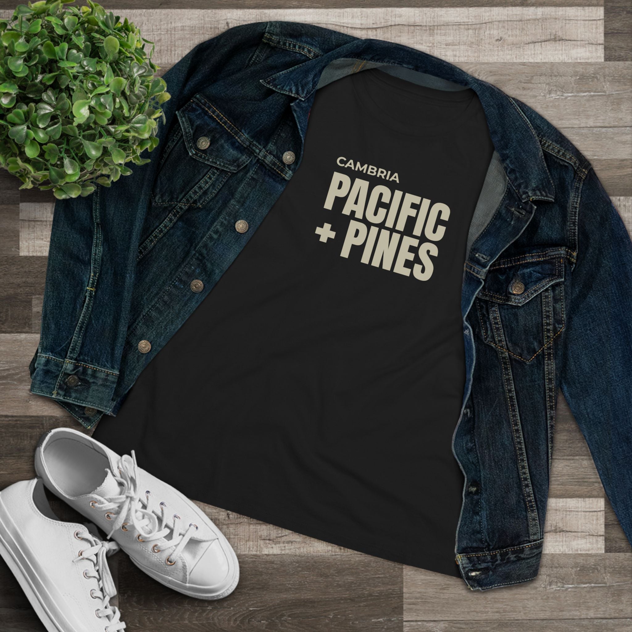 Pacific + Pines Women's Cotton Tee — Cambria Coastal Graphic Shirt