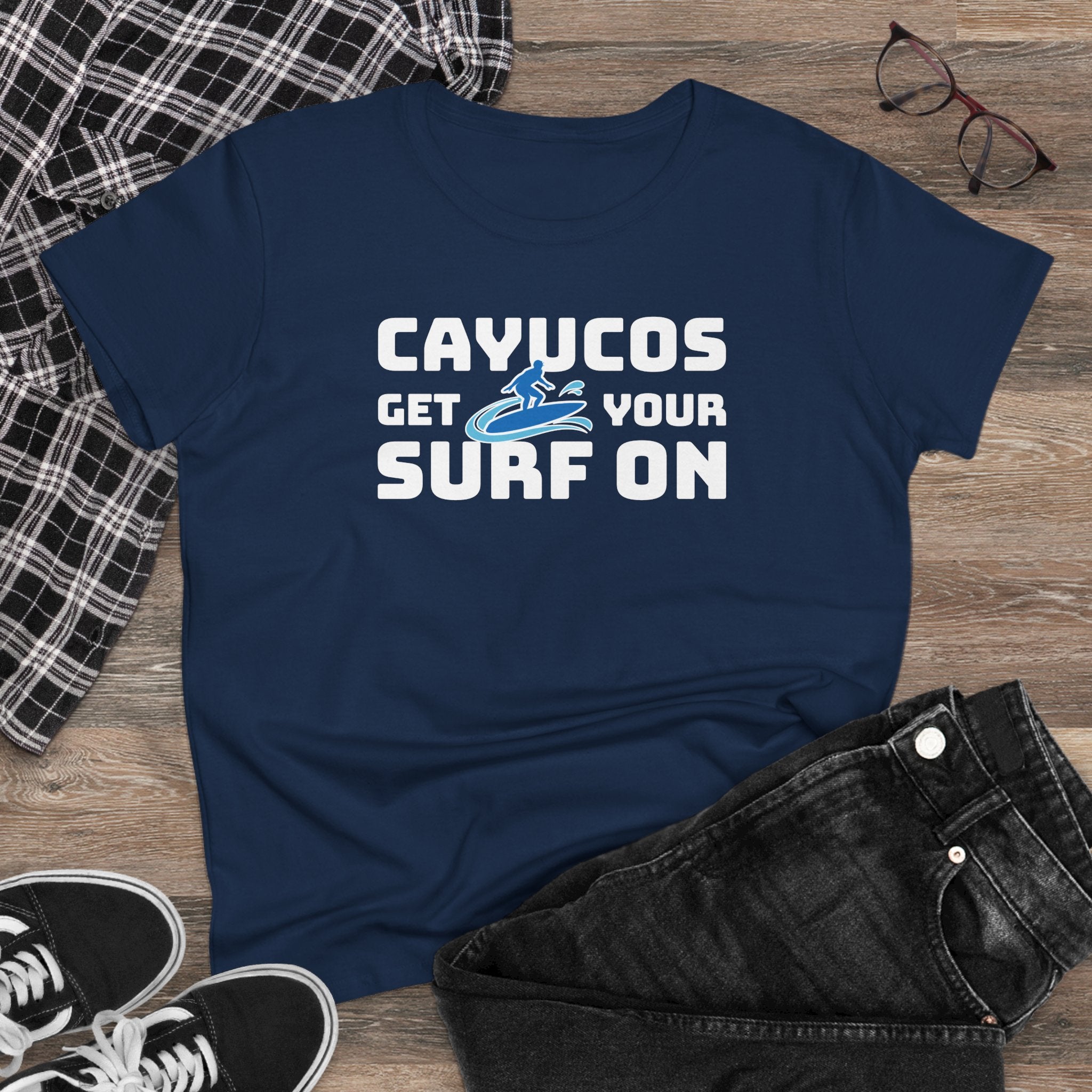 Cayucos Surf Women's Tee - Get Your Surf On T-Shirt, Summer Beach Wear, Gift for Surfers, Coastal Vacation, Surfing Enthusiasts